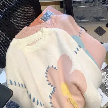 Осенне-зимний модный женский свитер 2023 года, свитер свободной вязки с круглым вырезом в опрятном стиле, полосатый цветок, простые элегантные пуловеры, свитер