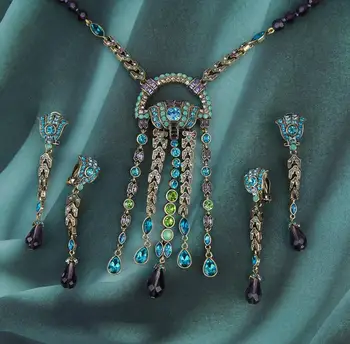 Европейские и американские винтажные серьги с синими кристаллами, ожерелье, Длинные ювелирные изделия, женская мода