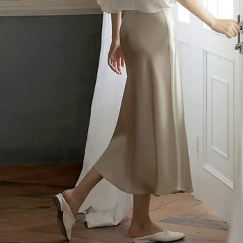 Женские атласные юбки трапециевидной формы с высокой талией, Элегантные юбки миди, офисные женские однотонные юбки-карандаш в корейском стиле, Длинная юбка на молнии
