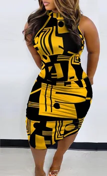 EWSFV 2022, летнее женское новое повседневное желтое платье без рукавов с круглым вырезом и принтом, приталенная сумка на талии, сексуальное платье на бедрах