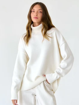 2023 Новая европейская и американская осенне-зимняя женская одежда, Свободные свитера, Однотонные водолазки, Универсальные трикотажные пуловеры, топы