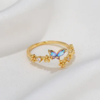 Новые Ins Прекрасное кольцо-бабочка с регулируемым градиентным позолоченным медным покрытием для женщин, свадебная мода, Элегантный ювелирный подарок